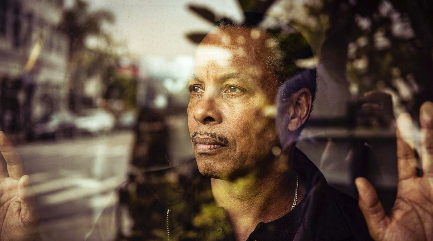 Elliott Farmer gazing through a sunlit window, city reflections layered on glass